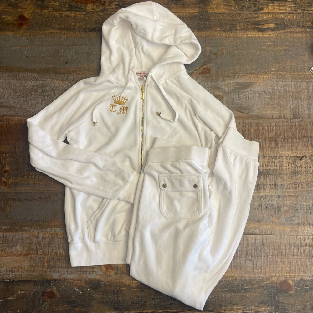 Juicy Couture White Velour Track Jacket & Joggers Set with Gold Embroidery